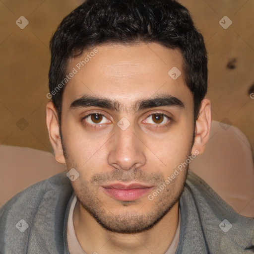 Joyful white young-adult male with short  black hair and brown eyes