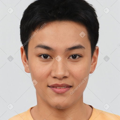 Joyful asian young-adult female with short  black hair and brown eyes