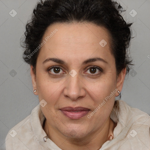 Joyful white adult female with short  brown hair and brown eyes