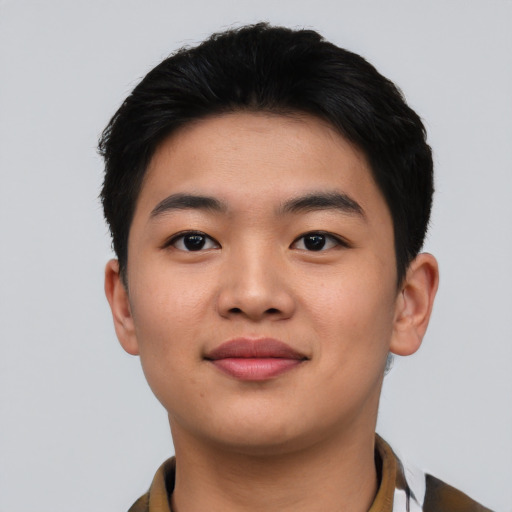 Neutral asian young-adult male with short  black hair and brown eyes