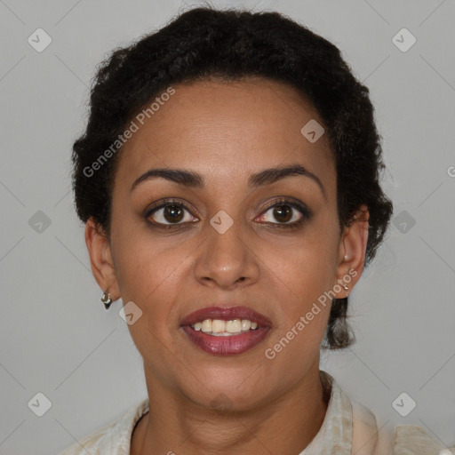 Joyful latino young-adult female with short  brown hair and brown eyes