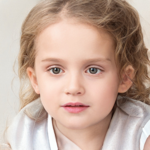 Neutral white child female with medium  brown hair and blue eyes