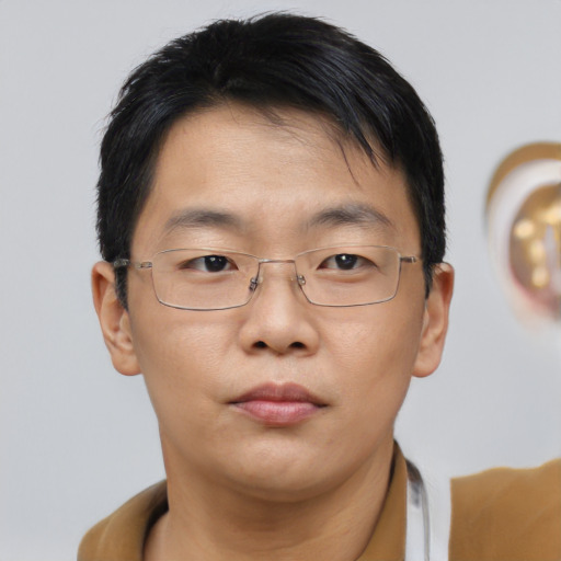 Neutral asian adult male with short  brown hair and brown eyes