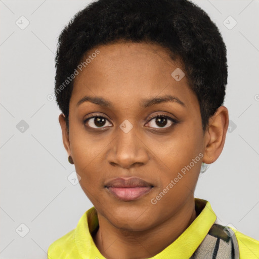 Joyful black young-adult female with short  black hair and brown eyes