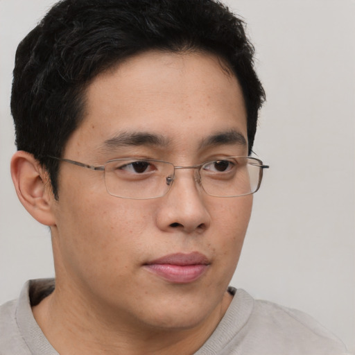 Neutral asian young-adult male with short  brown hair and brown eyes