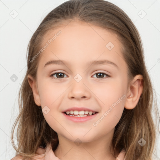 Joyful white child female with medium  brown hair and brown eyes