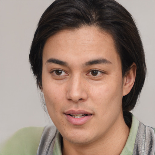 Joyful white young-adult male with medium  brown hair and brown eyes