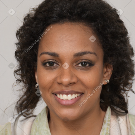 Joyful black young-adult female with medium  brown hair and brown eyes