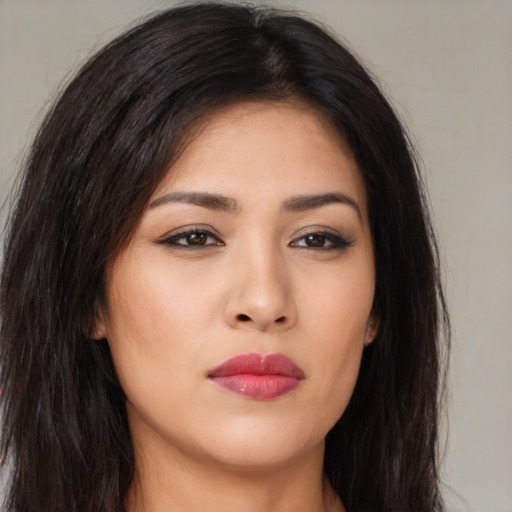 Neutral asian young-adult female with long  brown hair and brown eyes