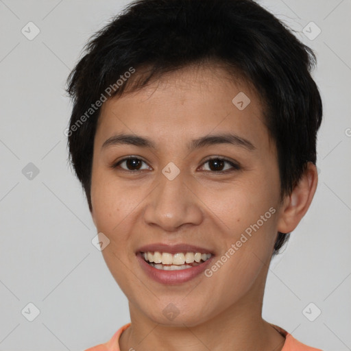 Joyful asian young-adult female with short  brown hair and brown eyes