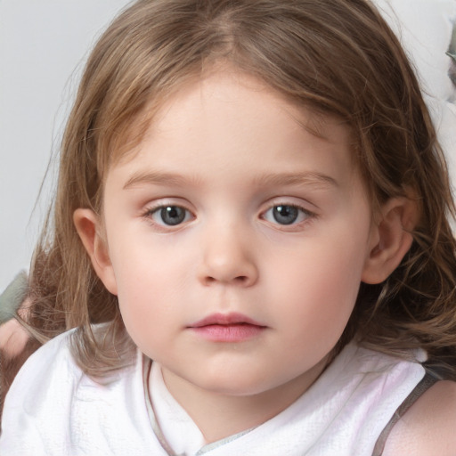 Neutral white child female with medium  brown hair and grey eyes