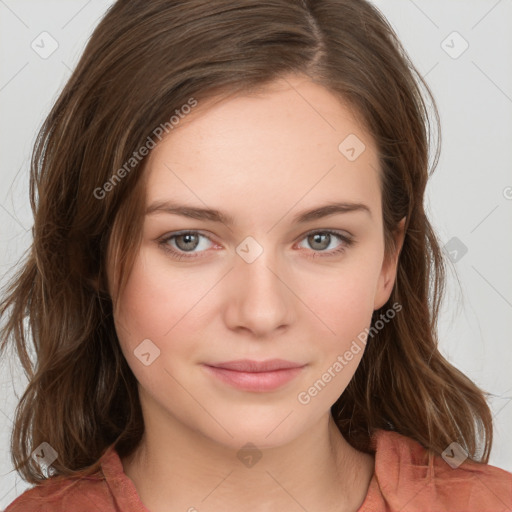 Neutral white young-adult female with medium  brown hair and brown eyes