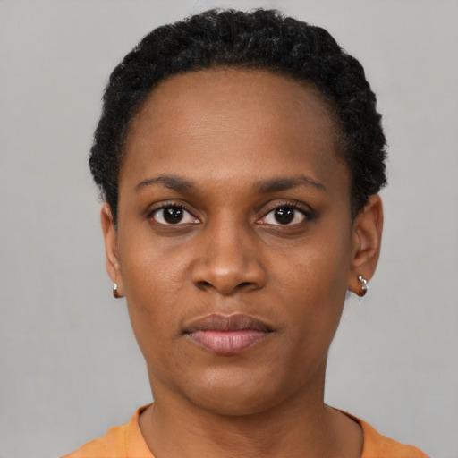 Neutral black young-adult female with short  black hair and brown eyes