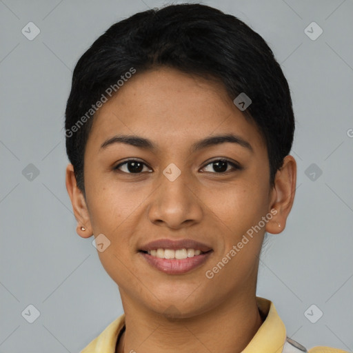 Joyful asian young-adult female with short  black hair and brown eyes