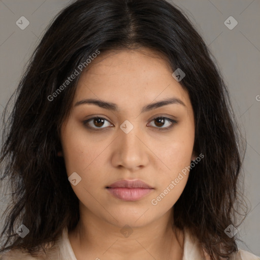 Neutral latino young-adult female with long  brown hair and brown eyes