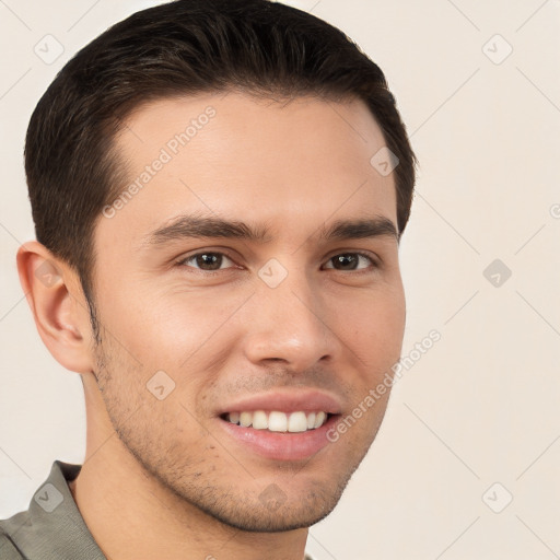 Joyful white young-adult male with short  brown hair and brown eyes