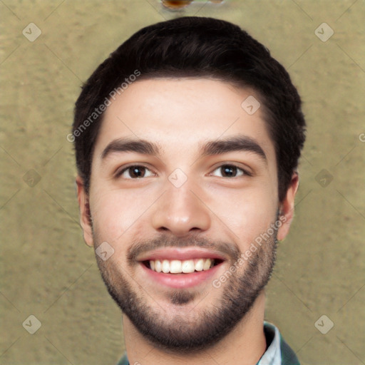 Joyful white young-adult male with short  black hair and brown eyes