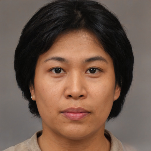 Neutral asian young-adult female with medium  black hair and brown eyes