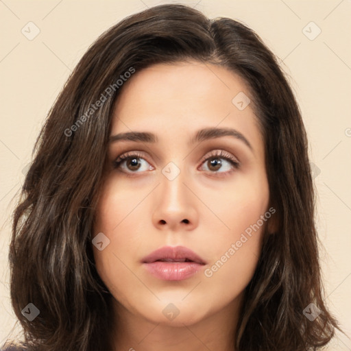 Neutral asian young-adult female with long  brown hair and brown eyes