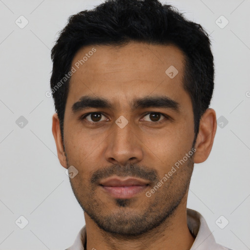 Neutral asian young-adult male with short  black hair and brown eyes