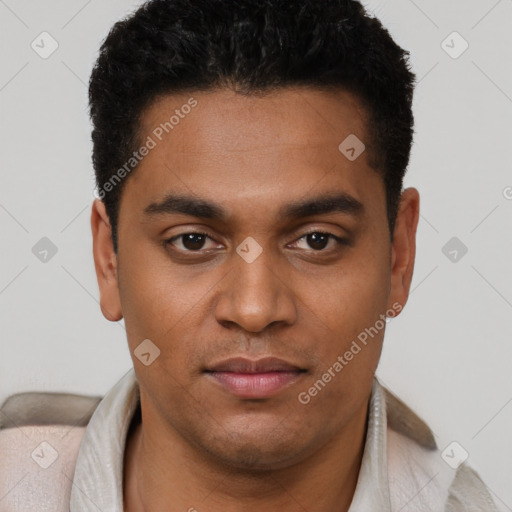 Joyful latino young-adult male with short  black hair and brown eyes