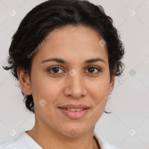 Joyful latino young-adult female with short  brown hair and brown eyes