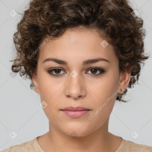 Neutral white young-adult female with short  brown hair and brown eyes