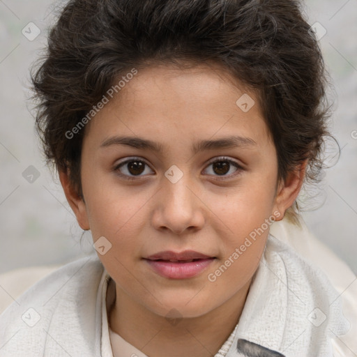 Joyful white child female with short  brown hair and brown eyes