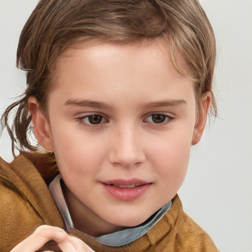 Joyful white child female with medium  brown hair and brown eyes