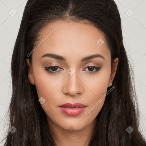 Neutral white young-adult female with long  brown hair and brown eyes