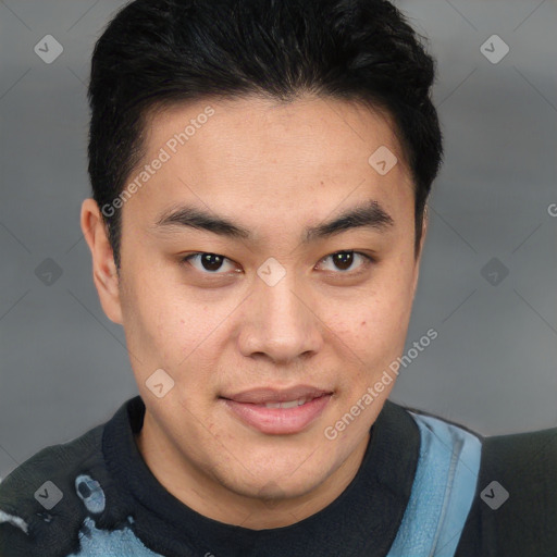 Joyful latino young-adult male with short  brown hair and brown eyes