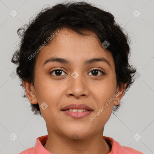 Joyful latino young-adult female with short  brown hair and brown eyes