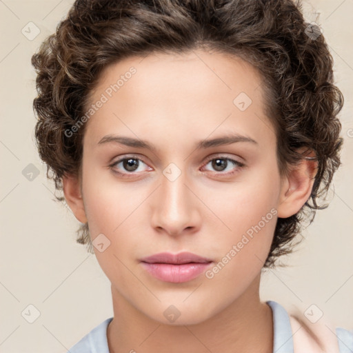 Neutral white young-adult female with short  brown hair and brown eyes