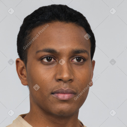 Neutral black young-adult male with short  black hair and brown eyes