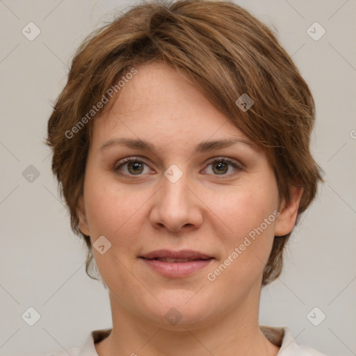 Joyful white young-adult female with medium  brown hair and green eyes