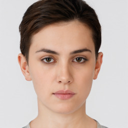 Neutral white young-adult female with short  brown hair and brown eyes