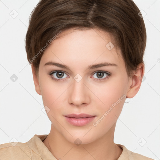 Neutral white young-adult female with short  brown hair and brown eyes