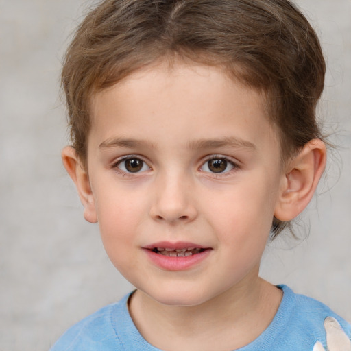 Joyful white child female with short  brown hair and brown eyes