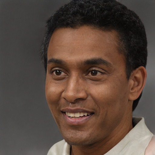 Joyful latino adult male with short  black hair and brown eyes