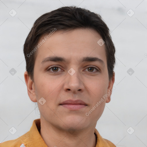 Neutral white young-adult male with short  brown hair and brown eyes