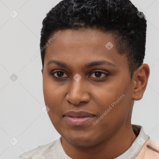 Joyful latino young-adult female with short  black hair and brown eyes