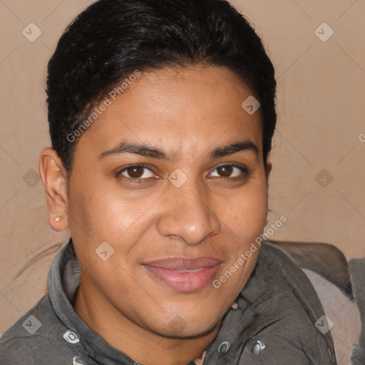 Joyful latino young-adult male with short  brown hair and brown eyes