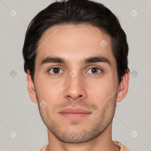 Neutral white young-adult male with short  brown hair and brown eyes