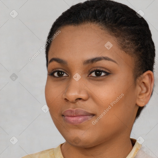 Joyful latino young-adult female with short  brown hair and brown eyes