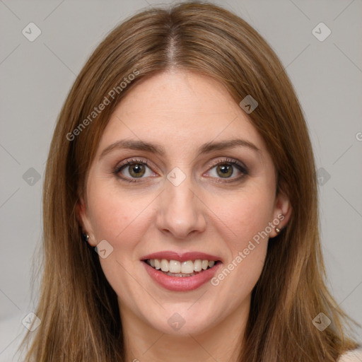 Joyful white young-adult female with long  brown hair and green eyes