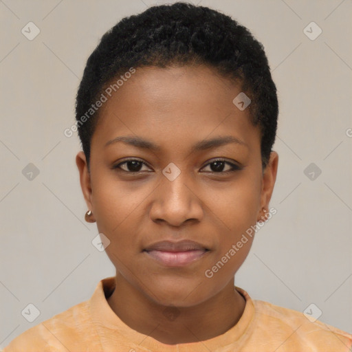 Joyful black young-adult female with short  black hair and brown eyes