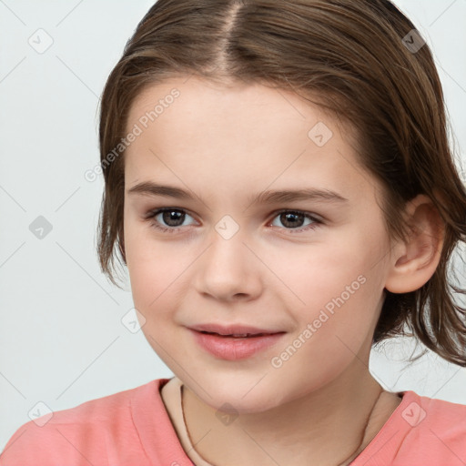 Joyful white child female with medium  brown hair and brown eyes