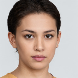 Neutral white young-adult female with short  brown hair and brown eyes