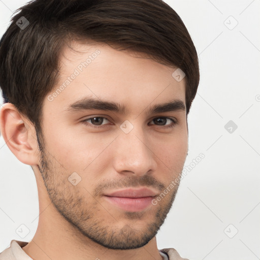 Neutral white young-adult male with short  brown hair and brown eyes