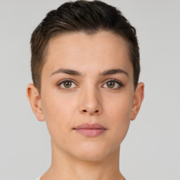 Neutral white young-adult female with short  brown hair and brown eyes